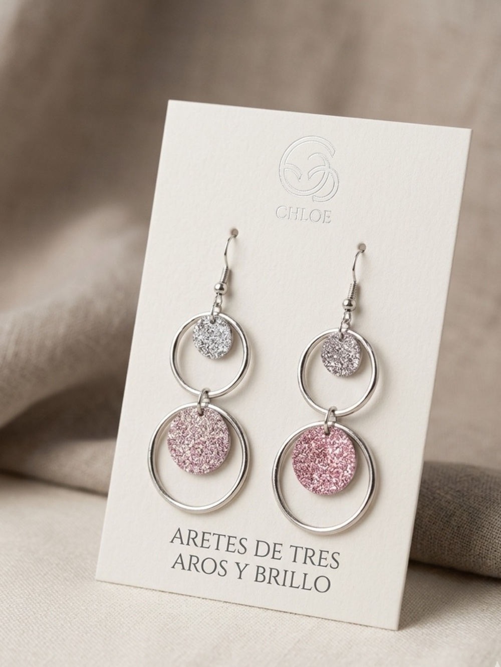 Chloe Silver Hoops with Pink and Silver Glitter Discs